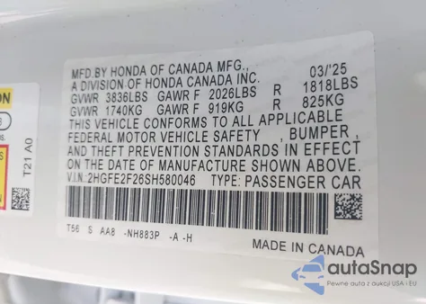 2025 Honda Civic Lx from USA, damaged, VIN 2HGFE2F26SH580046